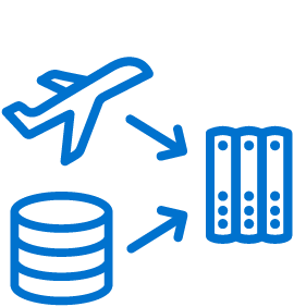 Icon showing a airplane and database sending messages to servers