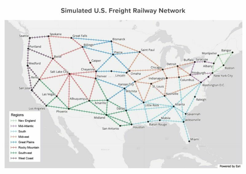 Map of a hypothetical U.S. freight rail system used for simulation of derailments