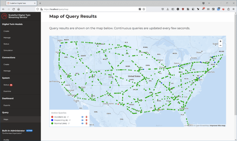 Geospatial map of a continuous query that shows a simulation in which real-time analytics avoids train derailments by detecting overheated wheel bearings