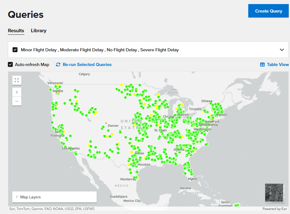 Mapped query results generated by the ScaleOut Active Caching UI showing severity levels for flight delays at various airports in the U.S.