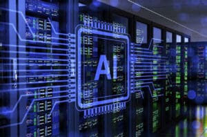 Conceptual illustration of an AI processor chip integrated within a data center server room, representing generative AI applied to live infrastructure.